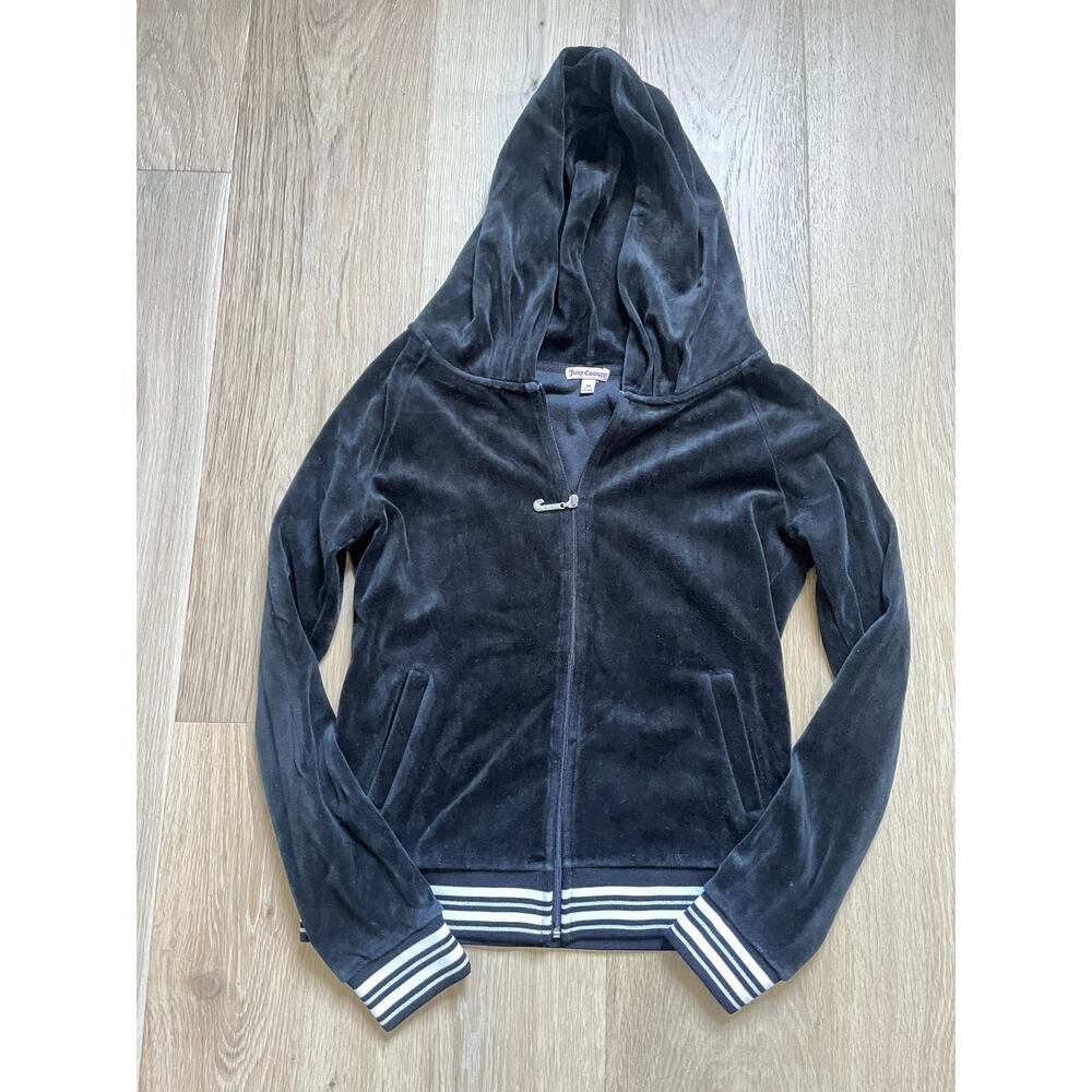 Y2K Juicy Couture Black Velour Zip Hoodie Track Jacket Women’s M Luxury Vintage